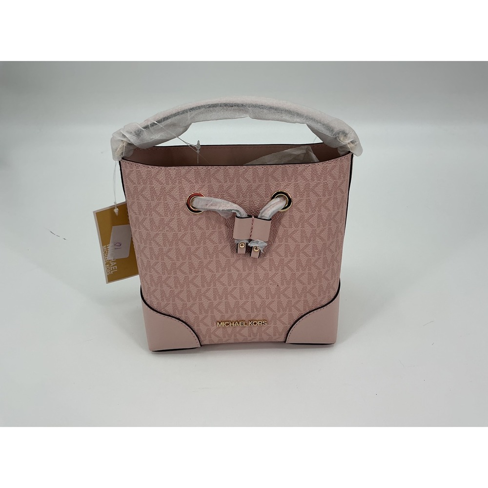 Michael Kors Mercer Pink Signature Logo Bucket Bag with Top Handle and Crossbody